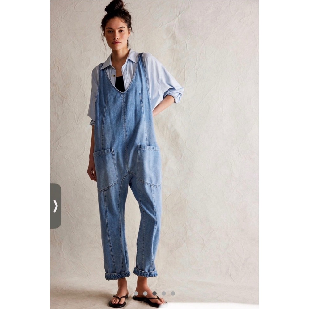 Free People High Roller Denim Overalls Medium Blue Boho Slouchy Harem Jumpsuit - Picture 3 of 12